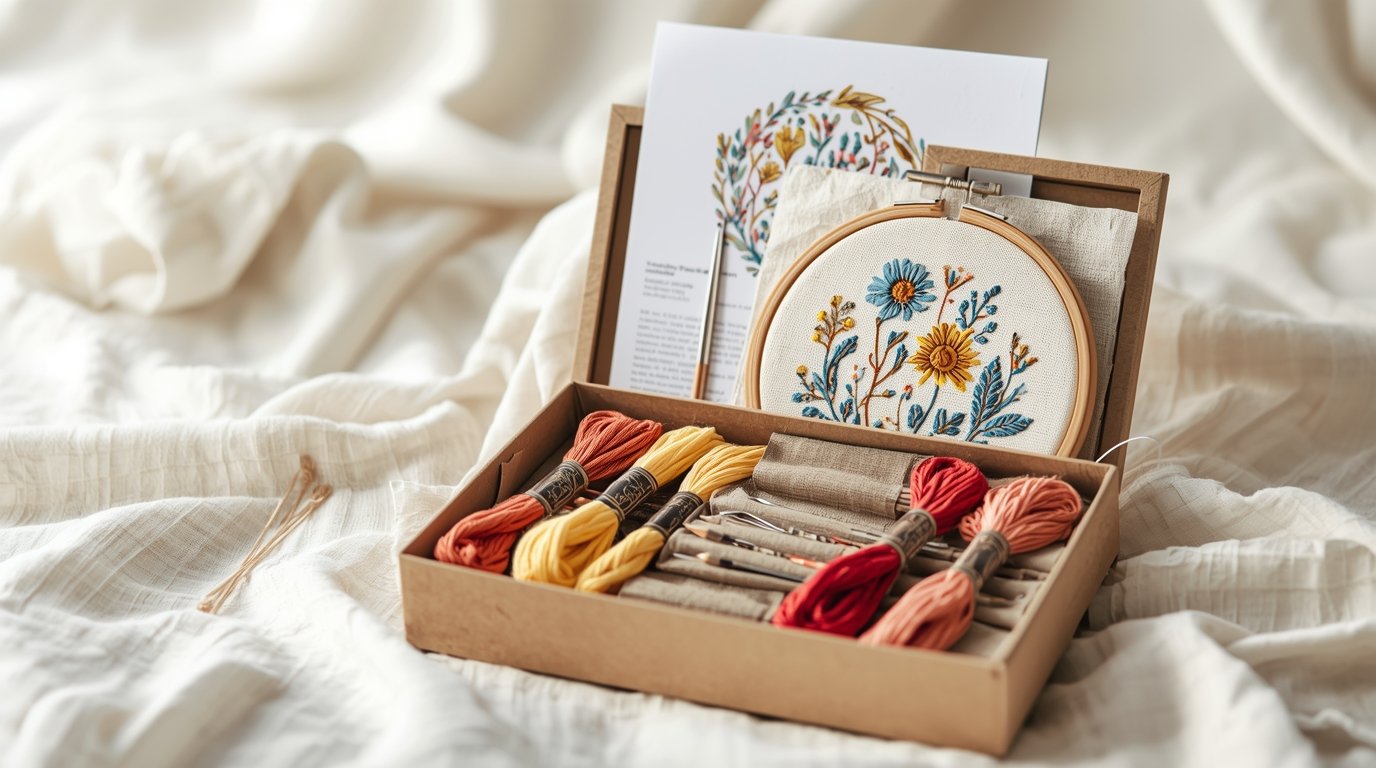 Complete embroidery kit with hoops, thread and patterns